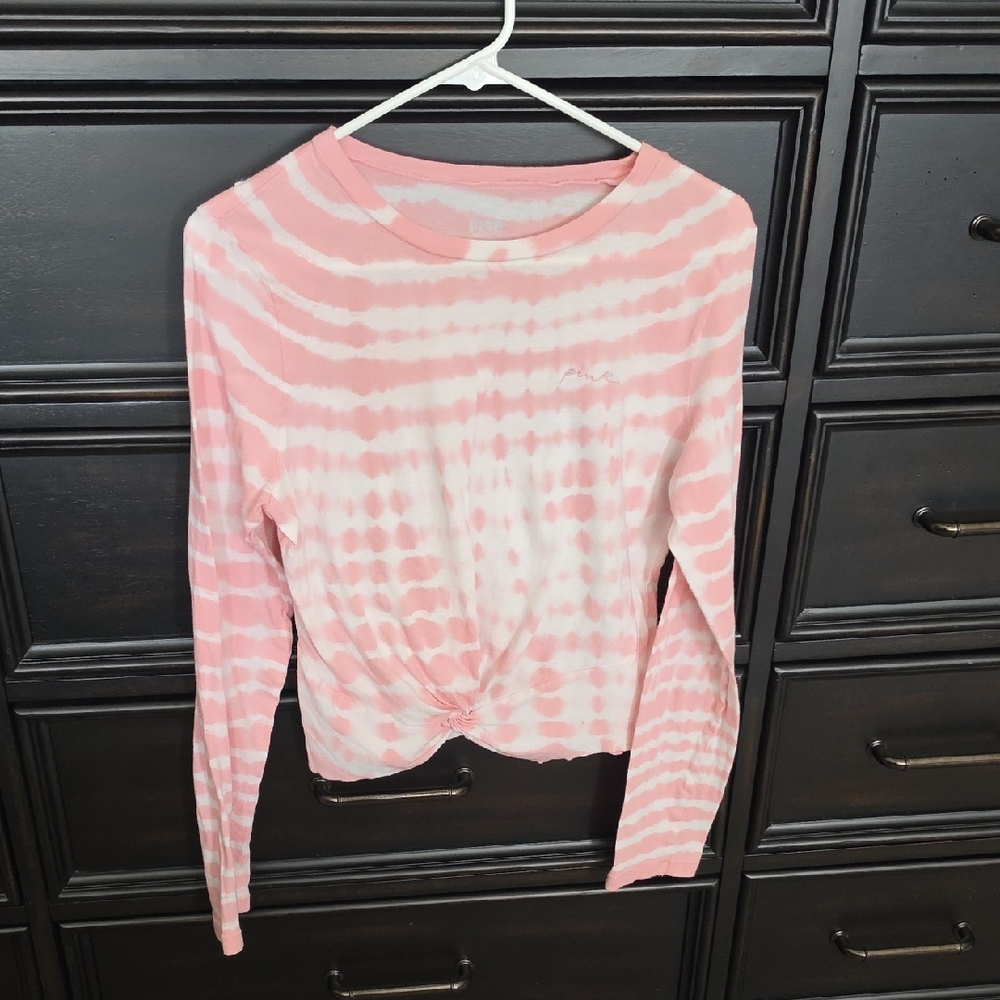 PINK Victoria's Secret Pink & White Tie-Dye Long Sleeve Twist Top